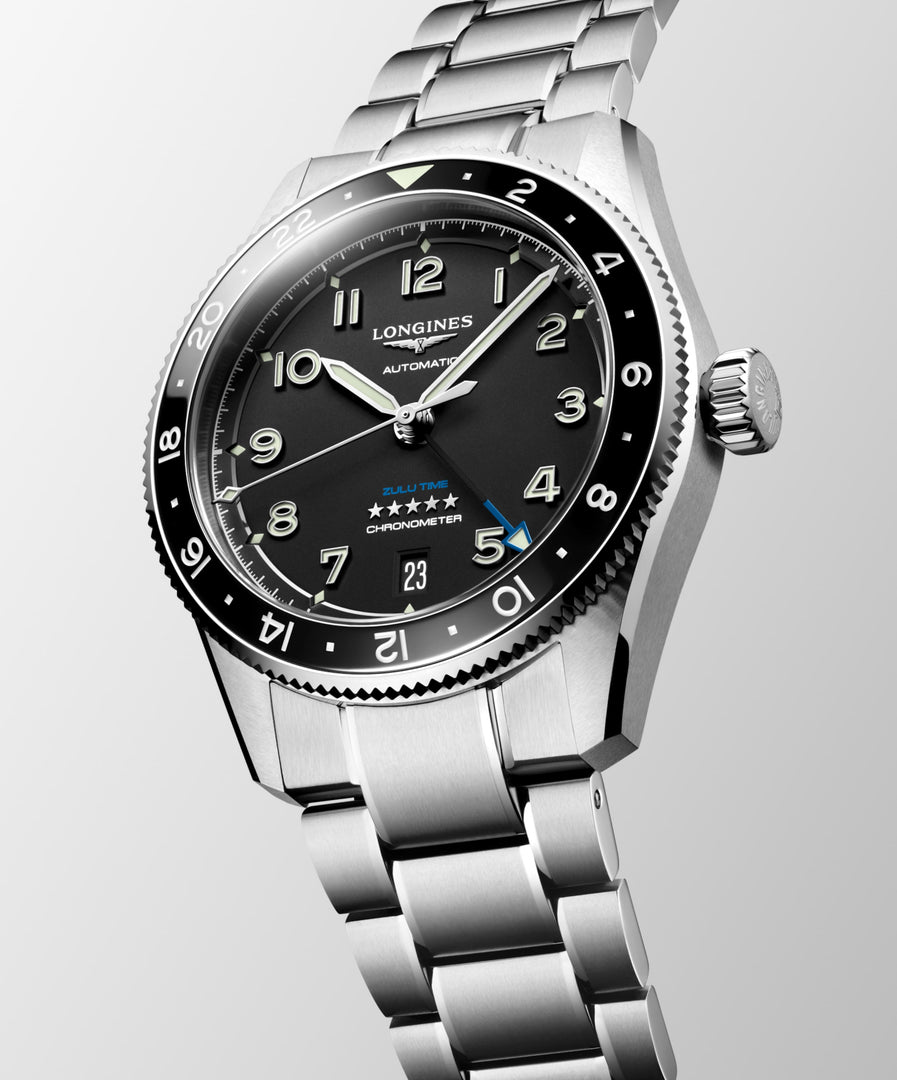 Longines Spirit Zulu Time 39mm L3.802.4.53.6 - cassa e bracciale acciaio - quadrante nero con funzione GMT