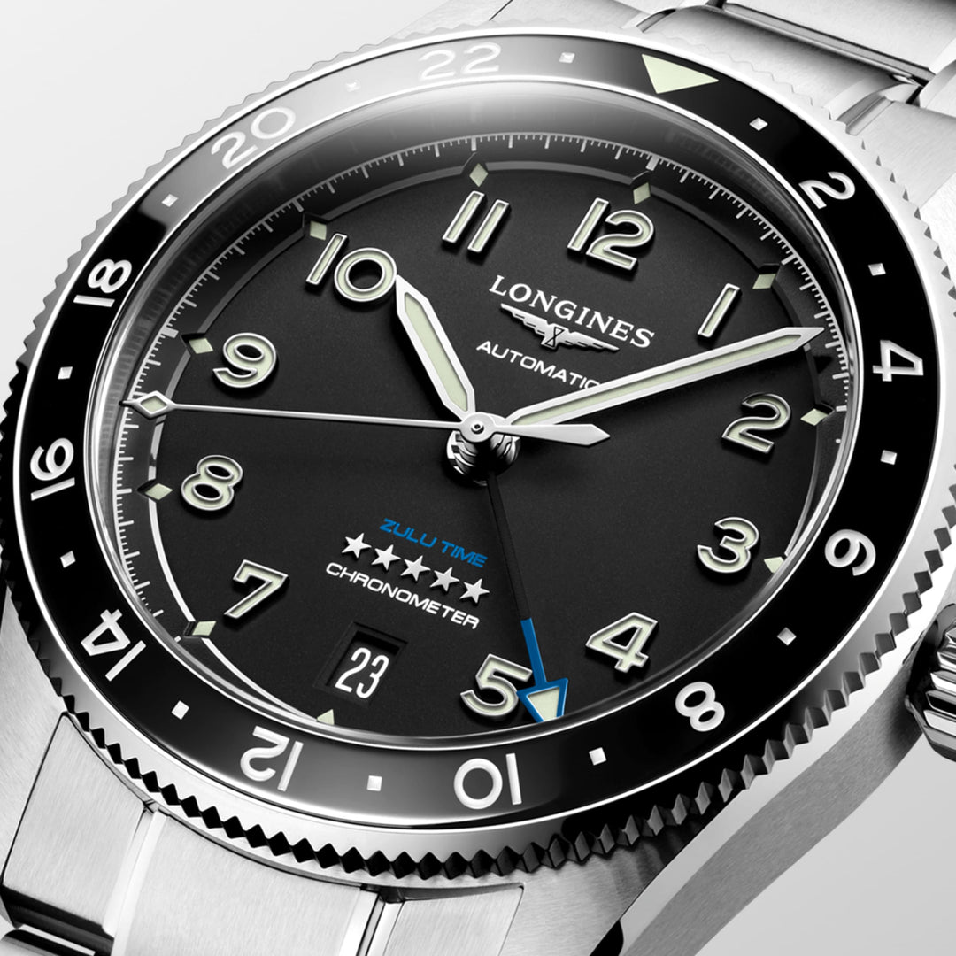 Longines Spirit Zulu Time 39mm L3.802.4.53.6 - cassa e bracciale acciaio - quadrante nero con funzione GMT