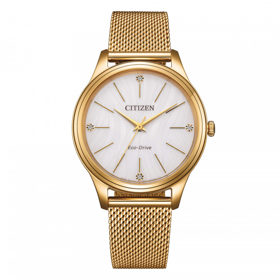 Citizen Lady EM1222-87A - bracciale e cassa acciaio dorato - quadrante bianco impreziosito con 4 cristalli