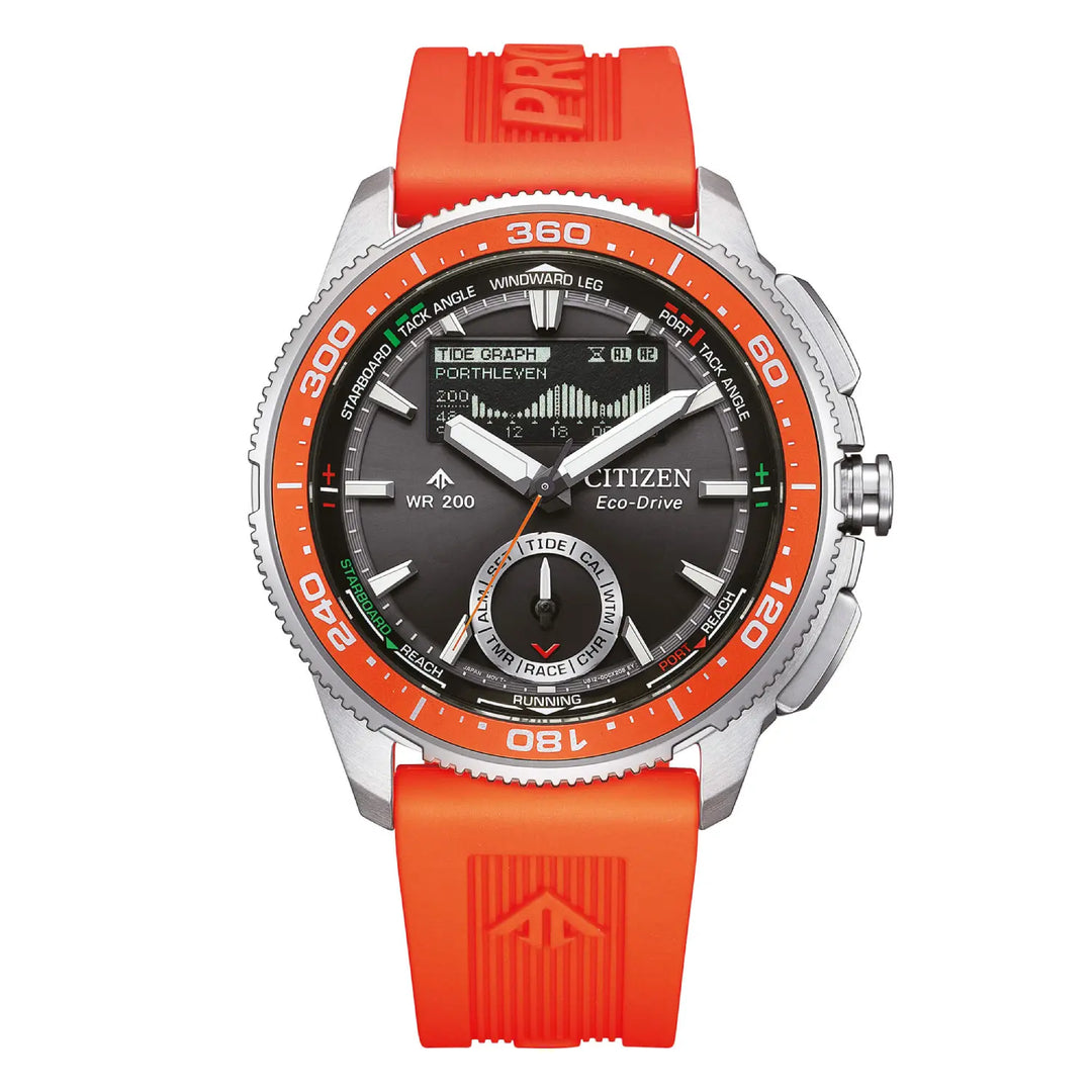 Citizen Promaster WaveTracker JV3000-13E - cassa acciaio - cinturino caucciù arancione - quadrante nero con calendario perpetuo