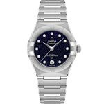 Load image into Gallery viewer, Quadrante blu soleil dell’Omega Constellation 29 mm con indici a diamanti, lancette e logo in oro Sedna 18K e datario a ore 6
