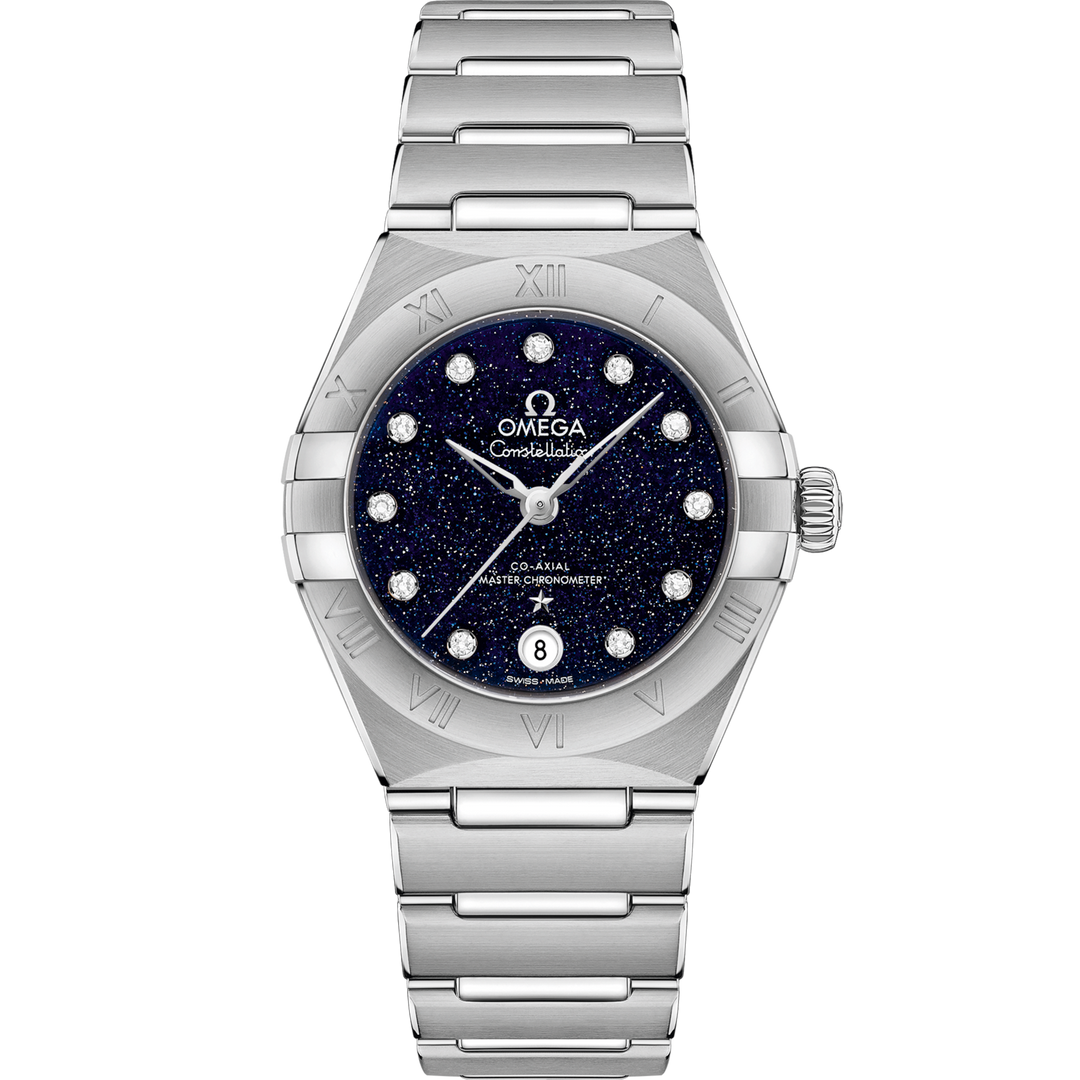 Quadrante blu soleil dell’Omega Constellation 29 mm con indici a diamanti, lancette e logo in oro Sedna 18K e datario a ore 6