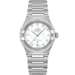 Load image into Gallery viewer, Quadrante argentato effetto cristallo dell’Omega Constellation 29 mm con indici a diamanti, lancette e logo in oro Sedna 18K e datario a ore 6
