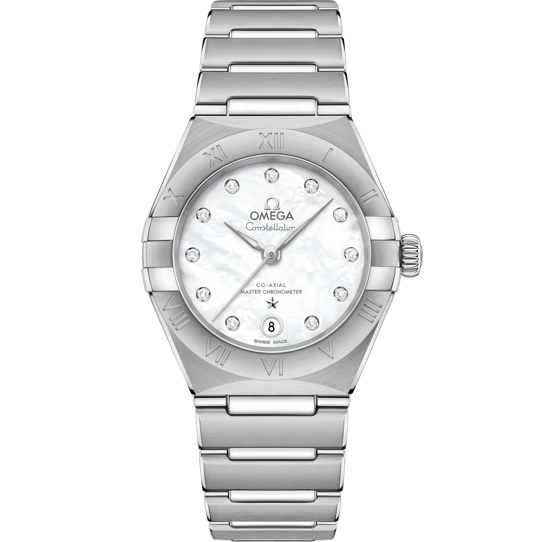 Quadrante argentato effetto cristallo dell’Omega Constellation 29 mm con indici a diamanti, lancette e logo in oro Sedna 18K e datario a ore 6