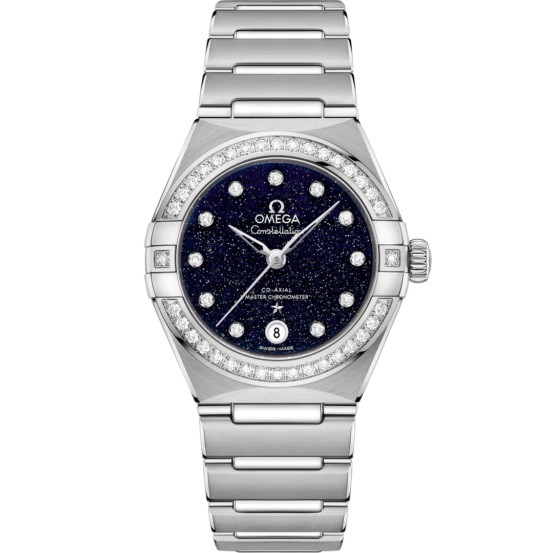 Quadrante blu soleil dell’Omega Constellation 29 mm con indici a diamanti, lancette e logo in oro Sedna 18K, datario a ore 6