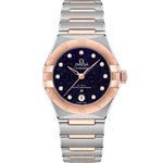 Load image into Gallery viewer, Quadrante blu soleil dell’Omega Constellation 29 mm con indici a diamanti, lancette e logo in oro Sedna 18K e datario a ore 6
