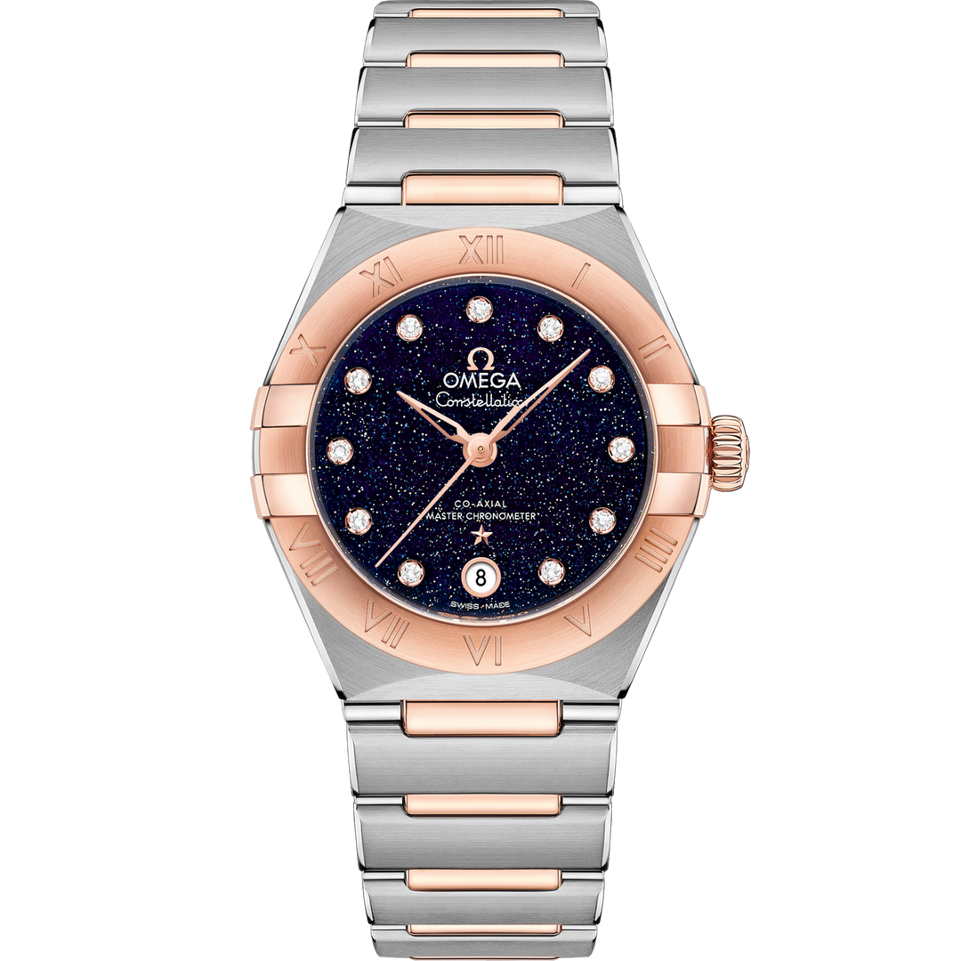 Quadrante blu soleil dell’Omega Constellation 29 mm con indici a diamanti, lancette e logo in oro Sedna 18K e datario a ore 6