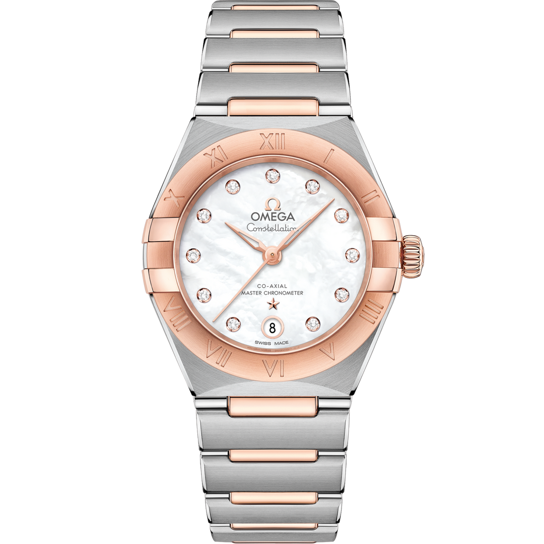Quadrante in madreperla perlata dell’Omega Constellation 29 mm con indici a diamanti, lancette in acciaio inox rodiato e datario a ore 6