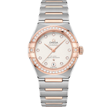 Load image into Gallery viewer, Quadrante argentato effetto cristallo dell’Omega Constellation 29 mm con indici a diamanti, lancette e logo in oro Sedna 18K, datario a ore 6
