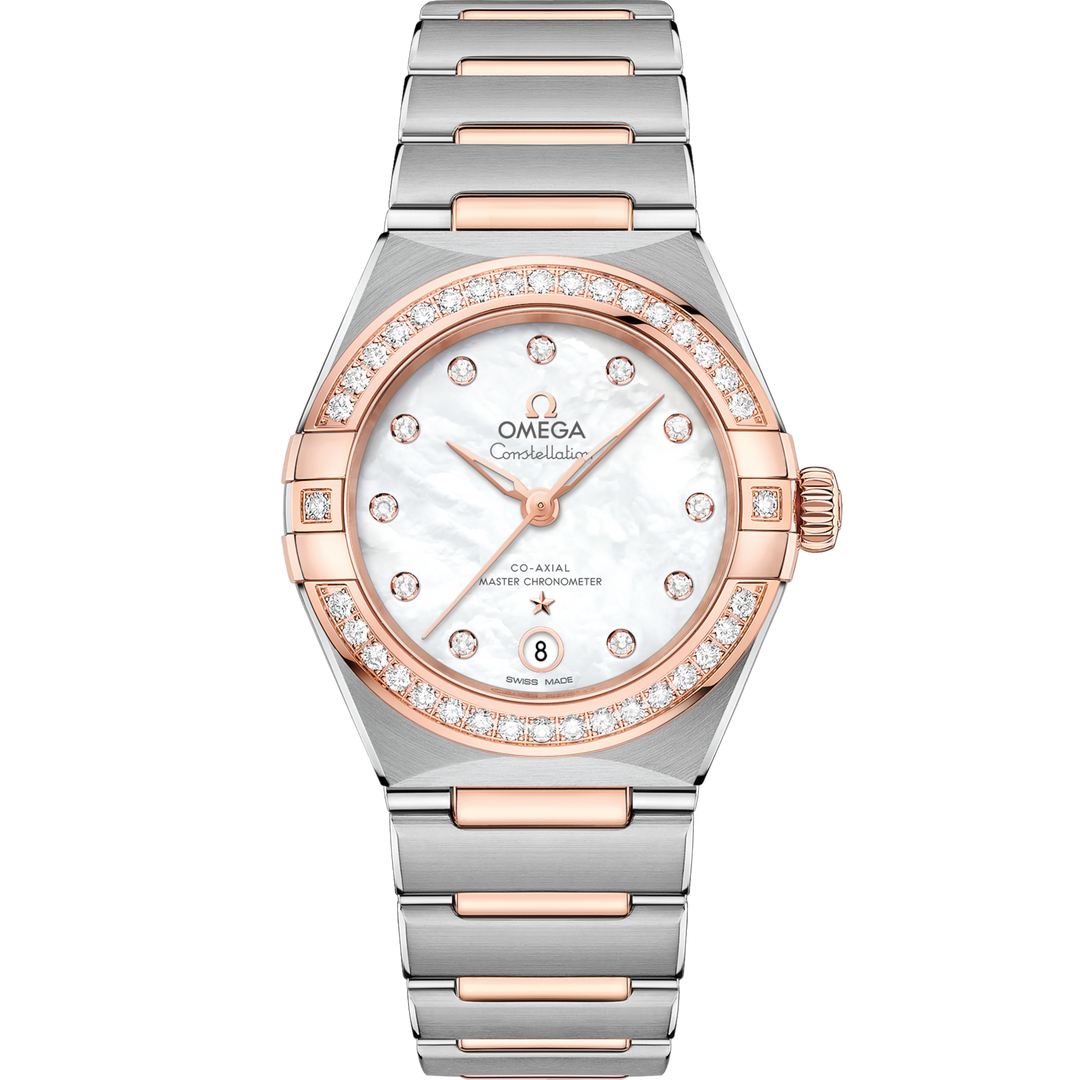 Quadrante in madreperla perlata dell’Omega Constellation 29 mm con indici a diamanti, lancette in oro rosa 18K Sedna™ e datario a ore 6