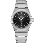 Load image into Gallery viewer, Quadrante argentato sunburst dell’Omega Constellation 39 mm con indici a bastone rodiati, lancette sfaccettate e datario a ore 6
