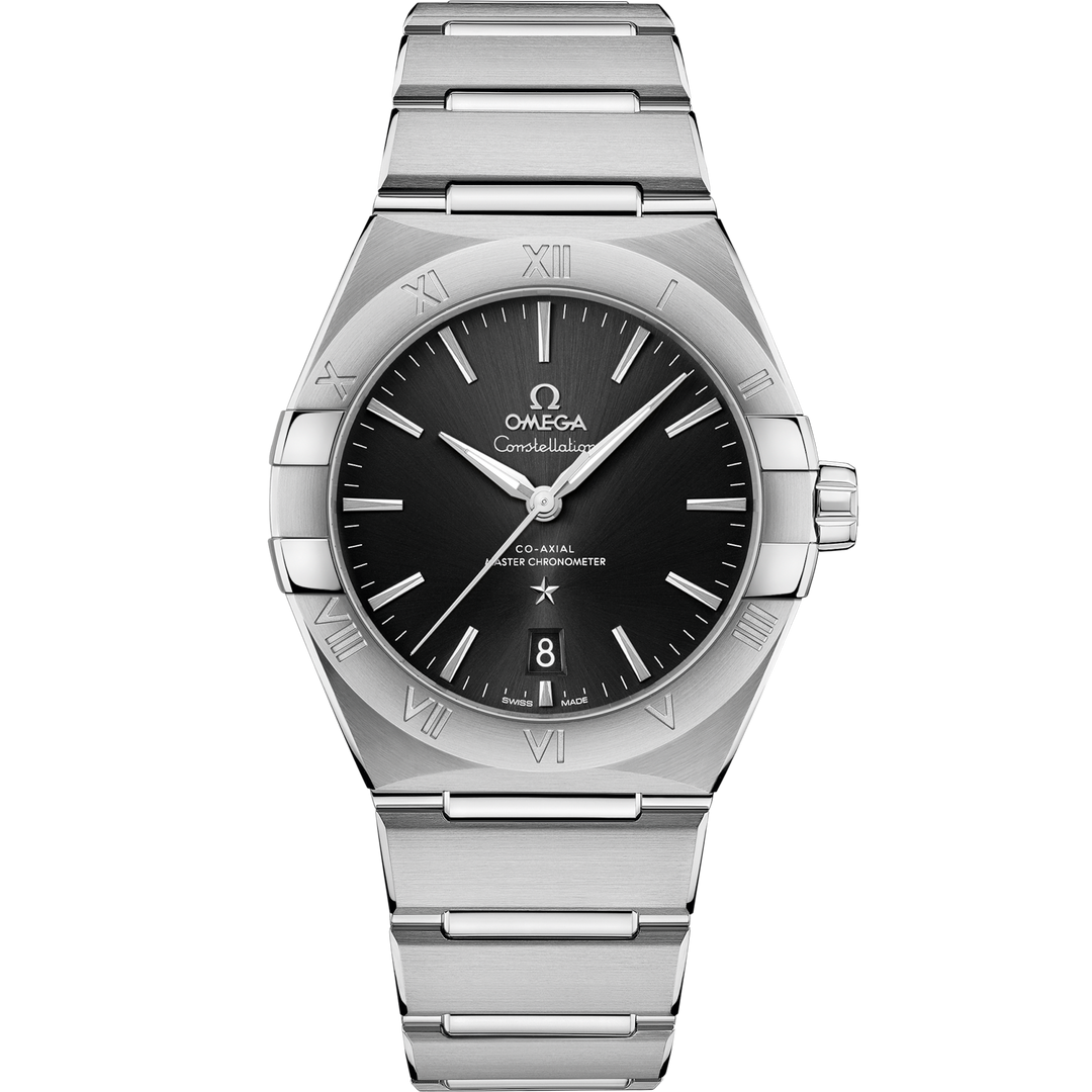 Quadrante argentato sunburst dell’Omega Constellation 39 mm con indici a bastone rodiati, lancette sfaccettate e datario a ore 6