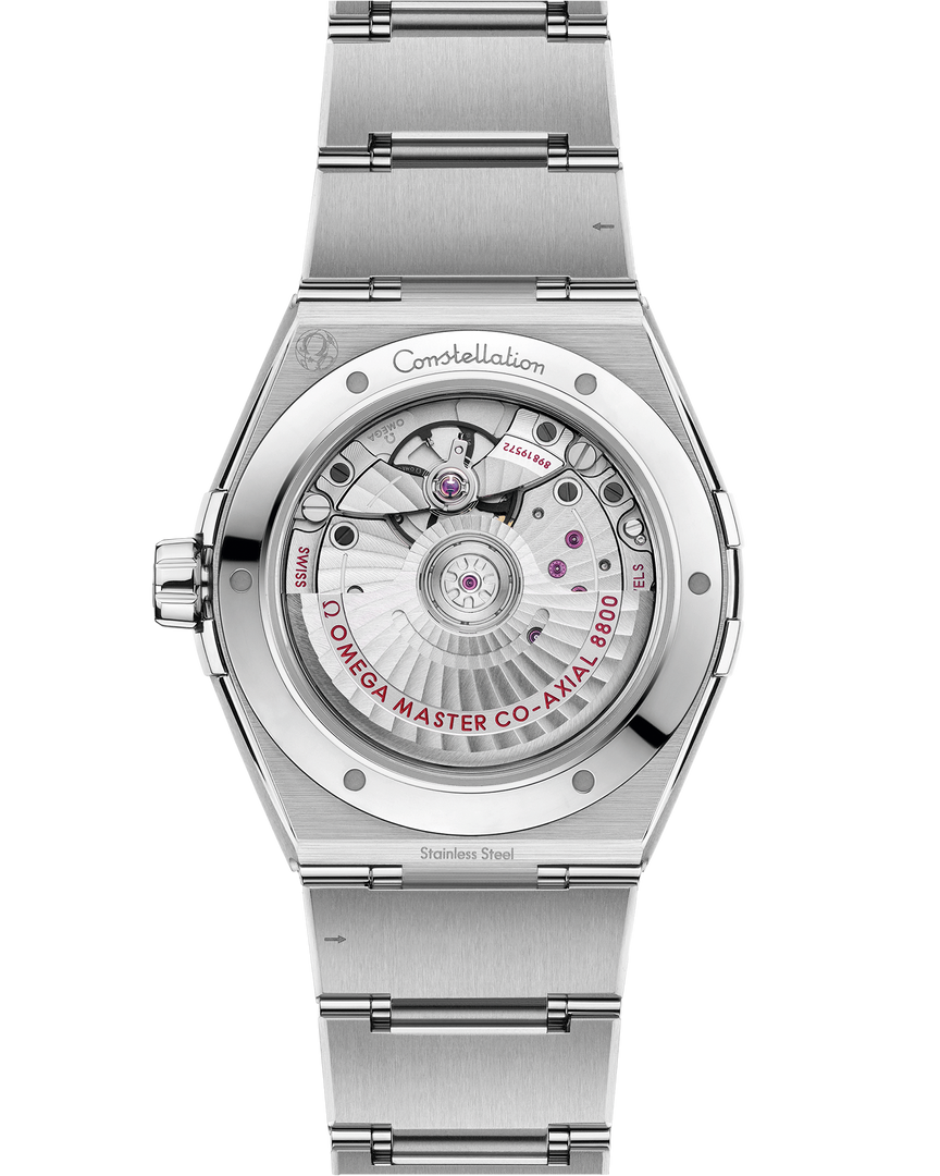 Cassa in acciaio inox da 39 mm con lunetta incisa a numeri romani e bracciale integrato in acciaio inox lucido e satinato