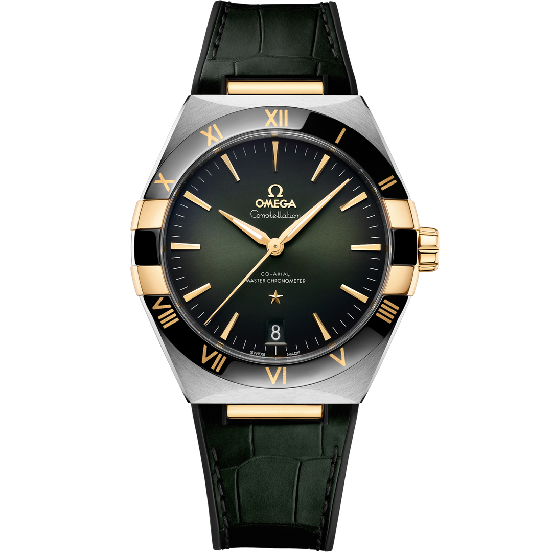 Quadrante argentato sunburst dell’Omega Constellation 41 mm con indici a bastone e lancette in oro giallo, datario a ore 6