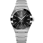 Load image into Gallery viewer, Quadrante grigio sunburst dell’Omega Constellation 41 mm con indici a bastone rodiati, lancette rodiate e datario a ore 6
