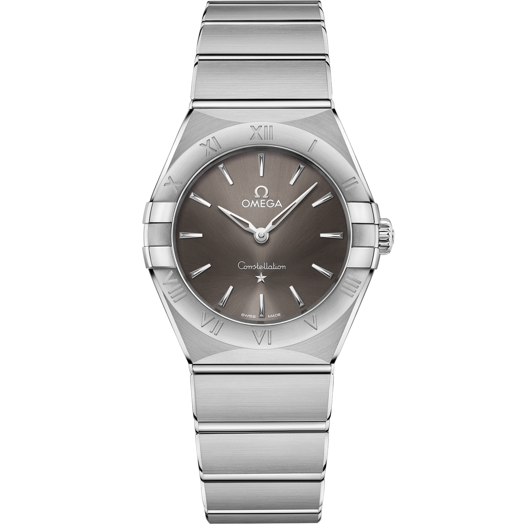 Quadrante grigio sunburst dell'Omega Constellation Quartz 28 mm con indici a bastone e lancette rodiate, cinque stelle a ore 6
