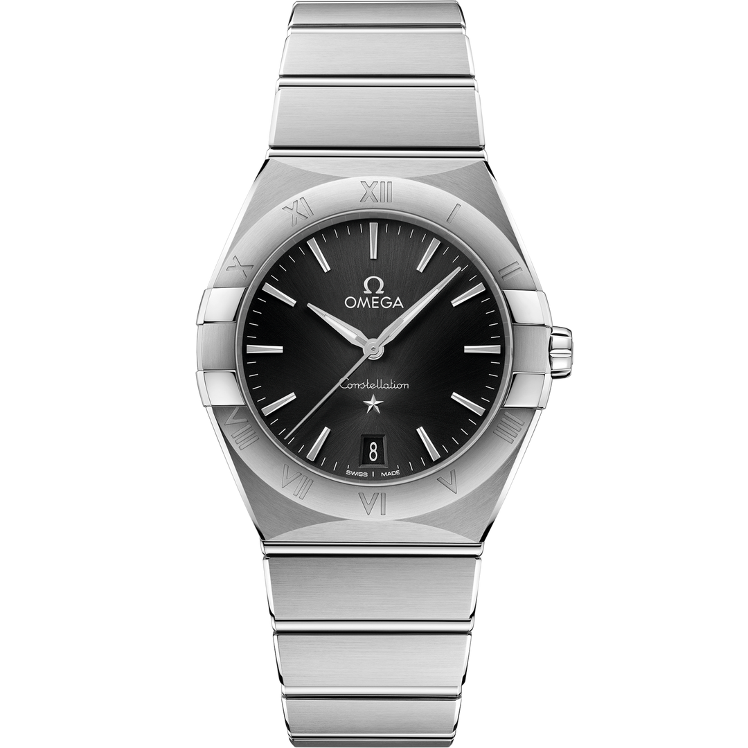 Quadrante nero sunburst dell’Omega Constellation 36 mm con indici a bastone rodiati, lancette sfaccettate e datario a ore 3