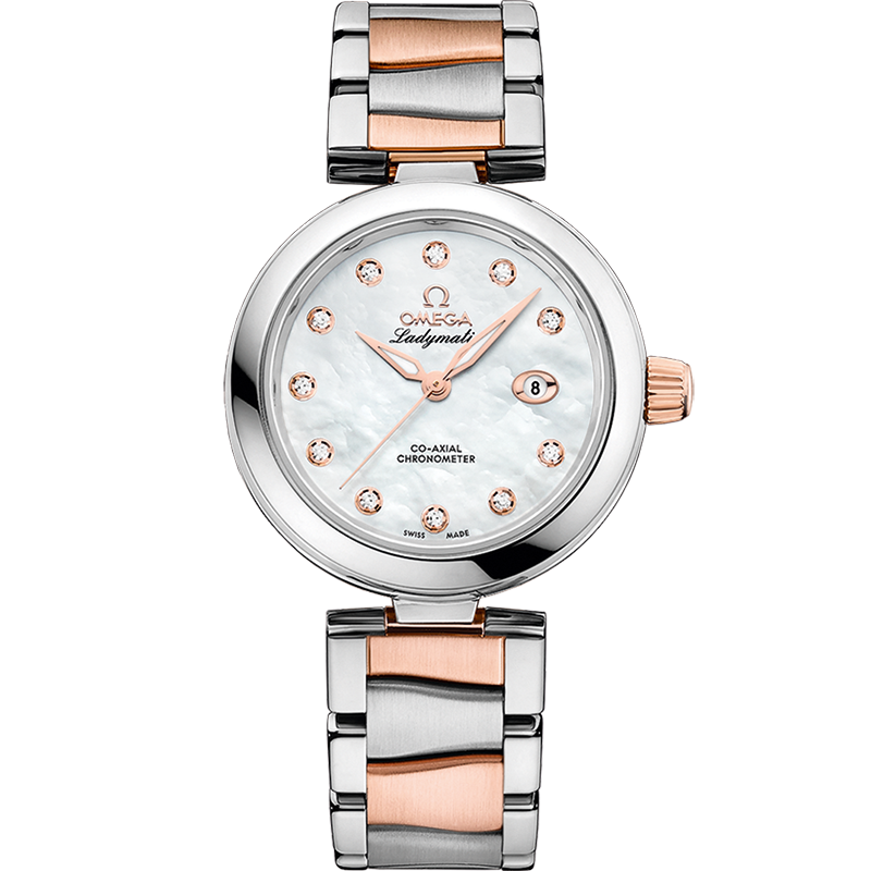Quadrante argentato con motivo a onde con indici in oro rosa e lancette lucide dell’Omega De Ville Ladymatic Co-Axial Chronometer 34 mm