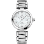 Load image into Gallery viewer, Quadrante bianco con finitura opalina e indici diamantati, lancette alpha lucide in acciaio dell’Omega De Ville Ladymatic 34 mm
