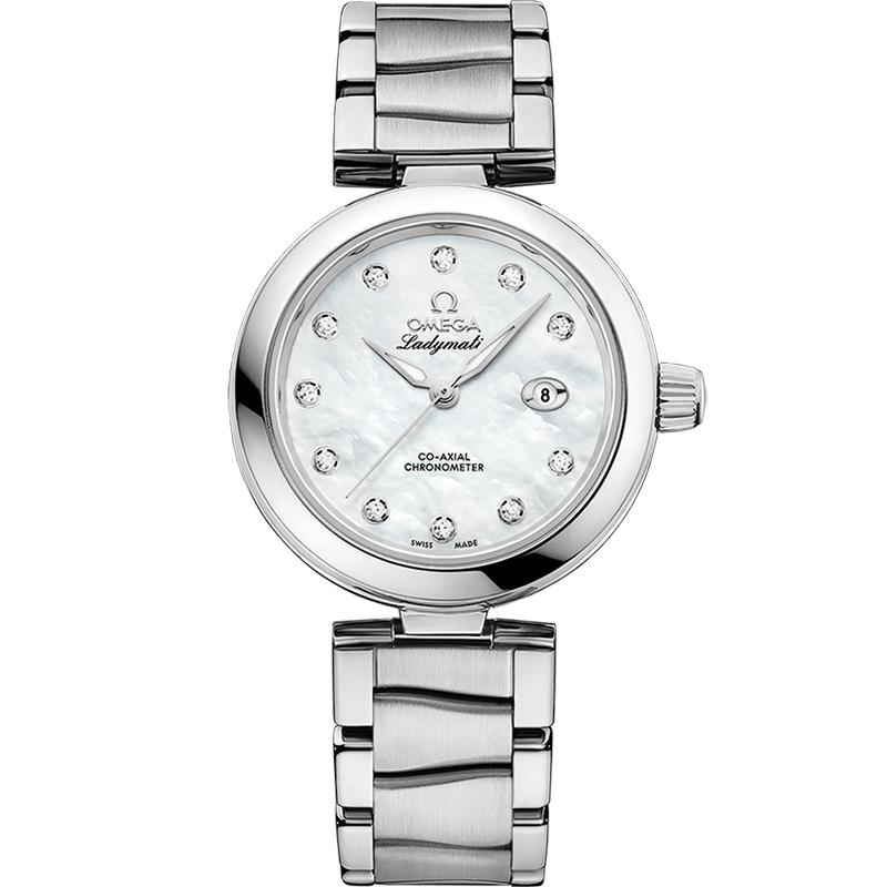 Quadrante bianco con finitura opalina e indici diamantati, lancette alpha lucide in acciaio dell’Omega De Ville Ladymatic 34 mm