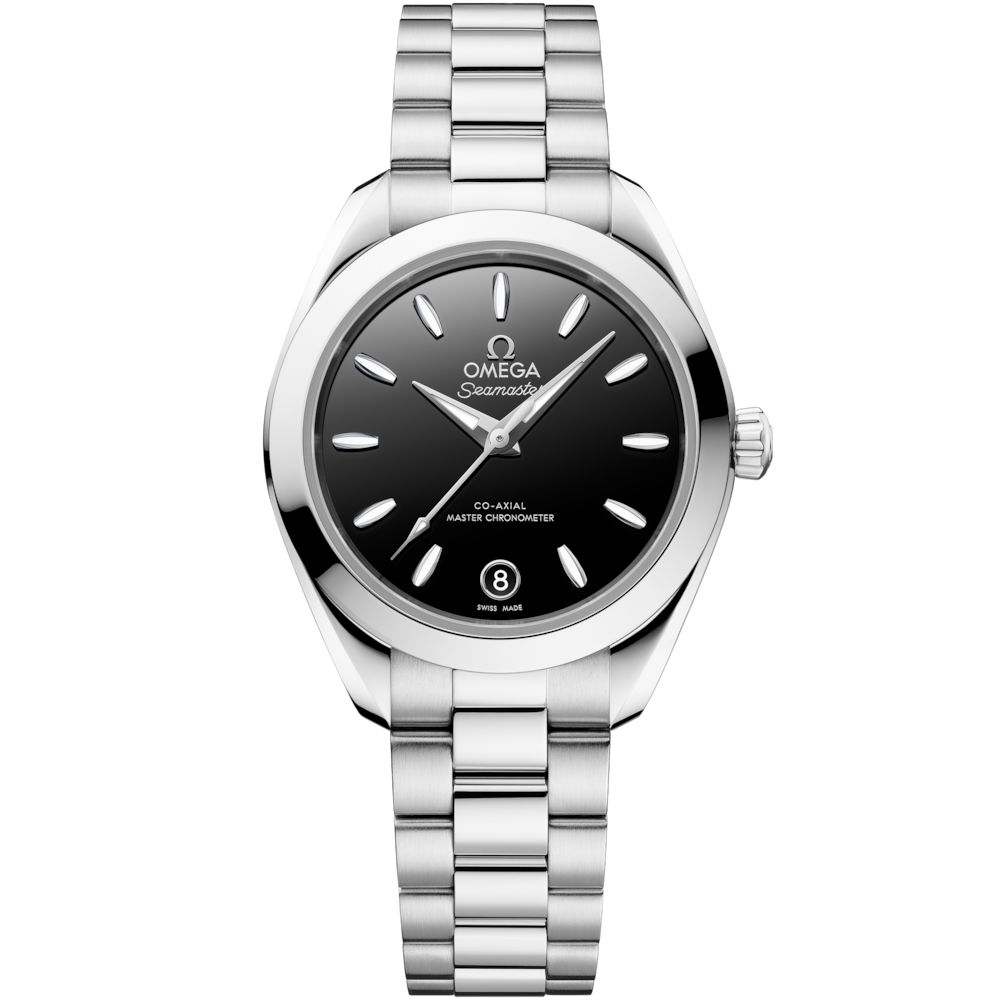 Quadrante argento spazzolato soleil con indici applicati rodiati e datario a ore 6 dell’Omega Seamaster Aqua Terra 30 mm modello 220.10.30.20.01.001.