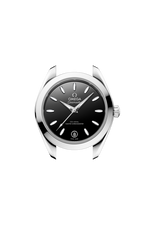Load image into Gallery viewer, Profilo laterale della cassa in acciaio lucido e spazzolato da 30 mm con vetro zaffiro bombato antiriflesso e corona a vite Omega.
