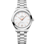 Load image into Gallery viewer, Quadrante bianco madreperla iridescente dell&#39;Omega Seamaster Aqua Terra 28 mm con 12 indici di diamanti incastonati e lancette rodiate
