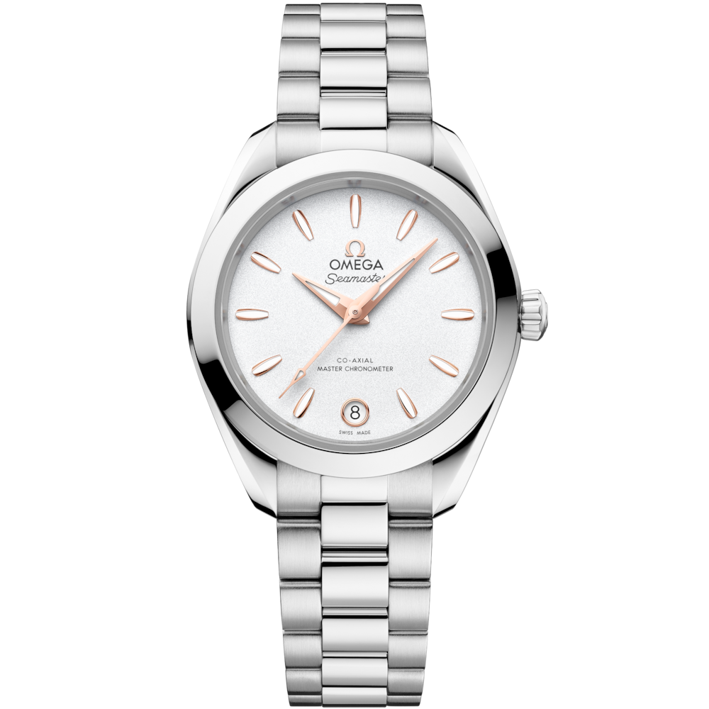 Quadrante bianco madreperla iridescente dell'Omega Seamaster Aqua Terra 28 mm con 12 indici di diamanti incastonati e lancette rodiate