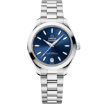 Load image into Gallery viewer, Quadrante blu spazzolato soleil con indici applicati rodiati e datario a ore 6 dell’Omega Seamaster Aqua Terra 30 mm modello 220.10.30.20.03.001.
