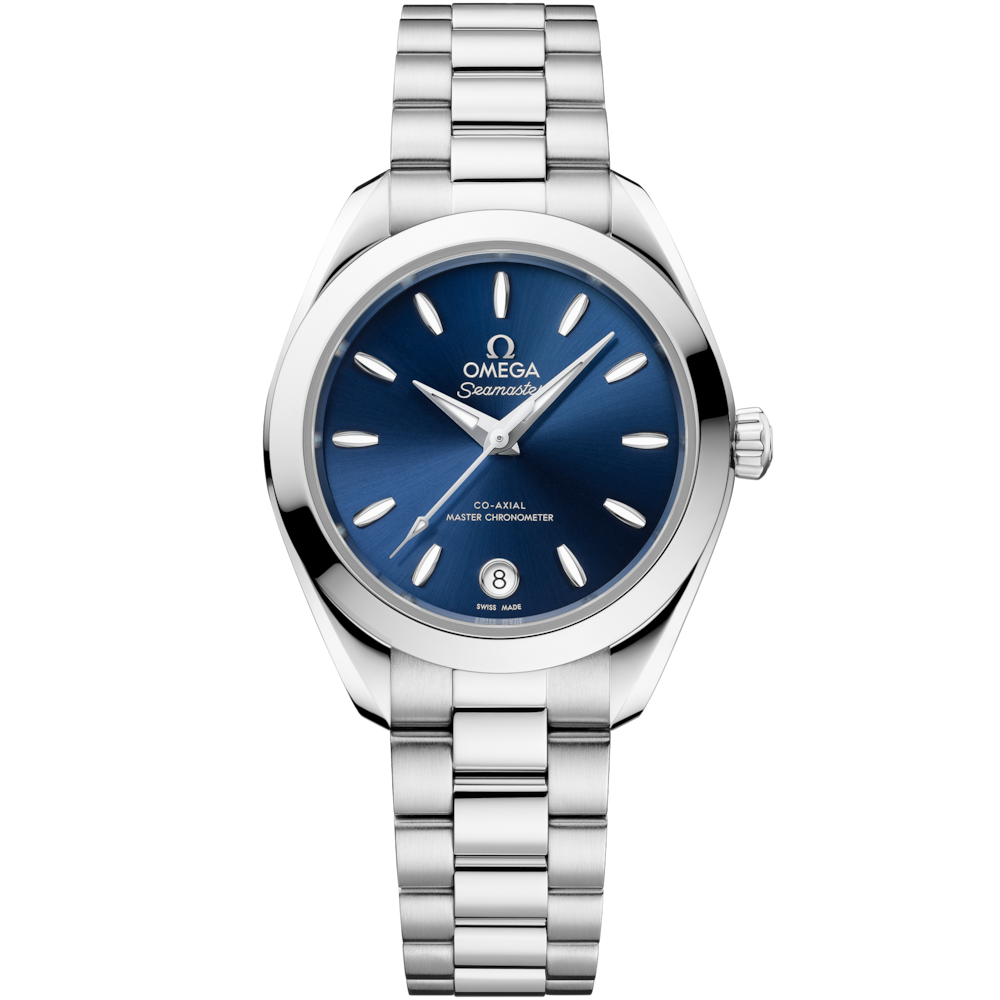 Quadrante blu spazzolato soleil con indici applicati rodiati e datario a ore 6 dell’Omega Seamaster Aqua Terra 30 mm modello 220.10.30.20.03.001.