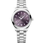 Load image into Gallery viewer, Quadrante argento spazzolato soleil con datario a ore 6 e indici applicati rodiati illuminati da Super-LumiNova bianca dell’Omega Seamaster Aqua Terra 30 mm modello 220.10.30.20.10.002.
