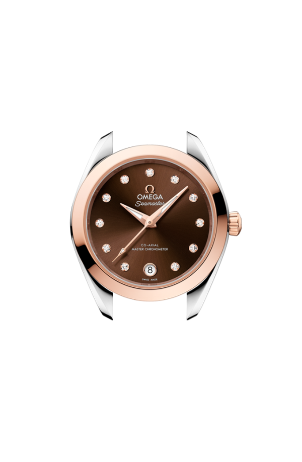Profilo laterale della cassa in acciaio da 30 mm con vetro zaffiro bombato antiriflesso e corona a vite Omega.