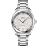 Load image into Gallery viewer, Quadrante argento spazzolato con indici applicati rodiati e lancette riempite di Super-LumiNova bianca dell’Omega Seamaster Aqua Terra 34 mm modello 220.10.34.20.02.002.
