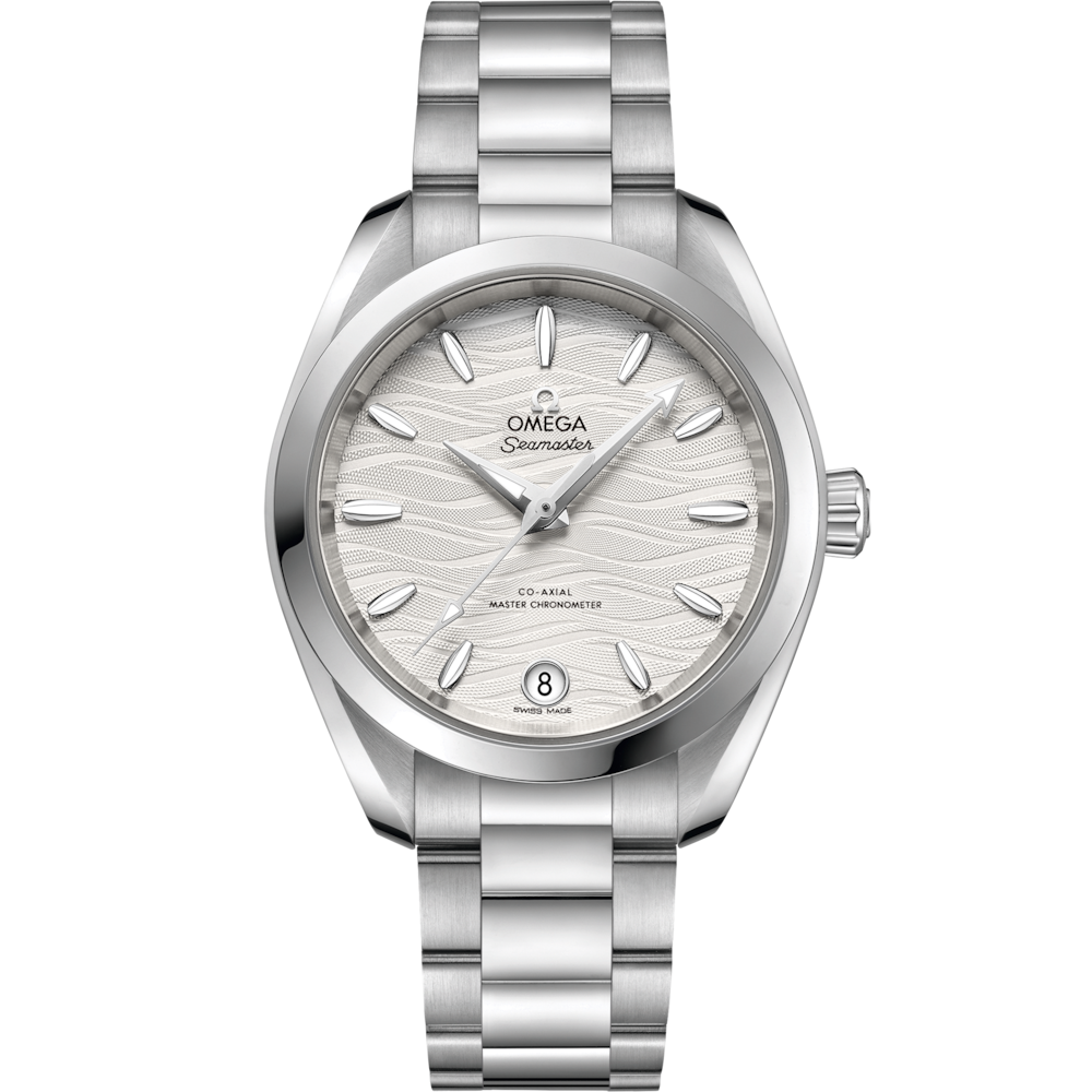 Quadrante argento spazzolato con indici applicati rodiati e lancette riempite di Super-LumiNova bianca dell’Omega Seamaster Aqua Terra 34 mm modello 220.10.34.20.02.002.