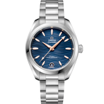 Load image into Gallery viewer, Quadrante blu soleil dell’Omega Seamaster Aqua Terra 34 mm con indici a bastone rodiati, lancette sfaccettate e datario a ore 6
