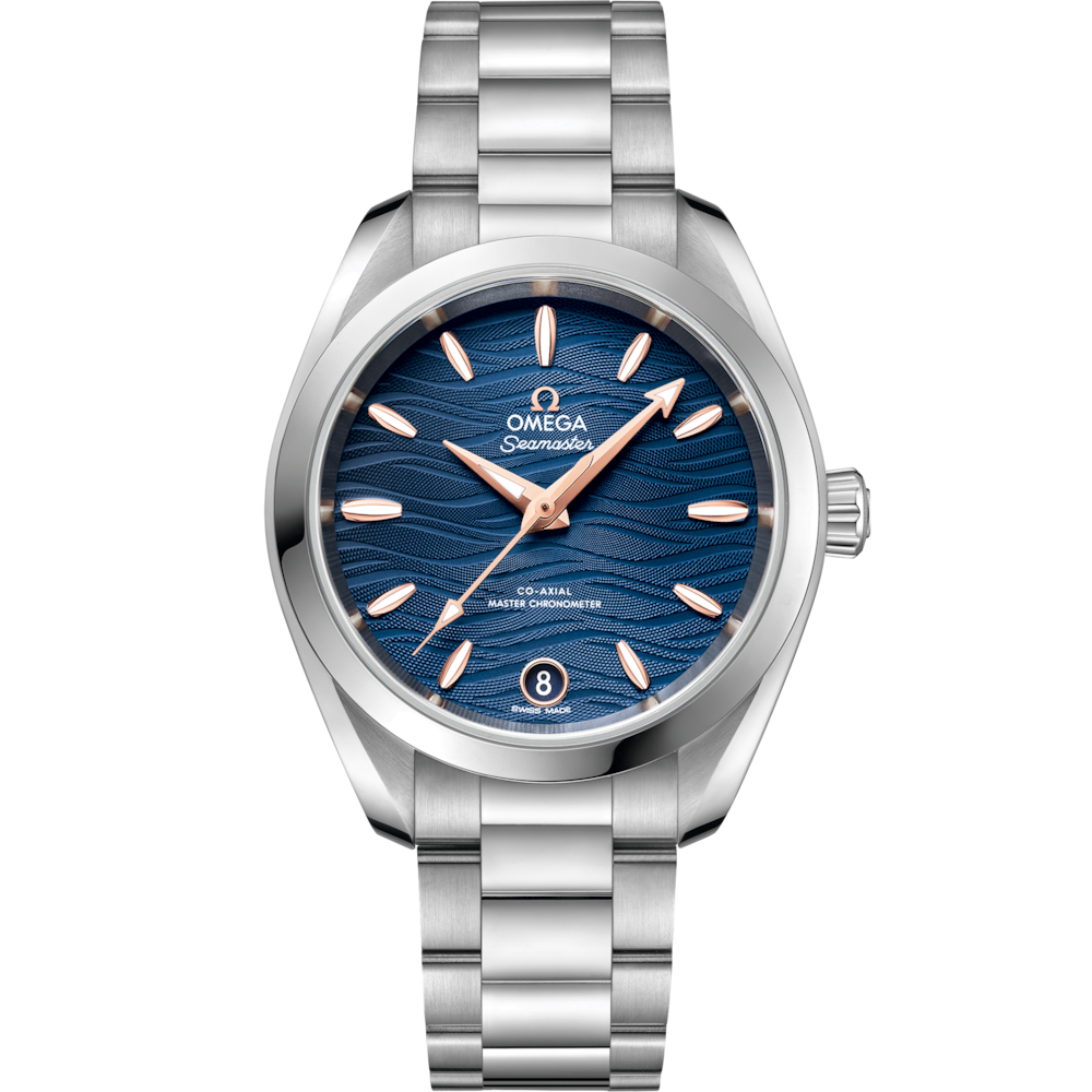 Quadrante blu soleil dell’Omega Seamaster Aqua Terra 34 mm con indici a bastone rodiati, lancette sfaccettate e datario a ore 6