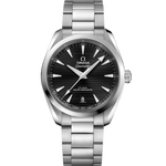 Load image into Gallery viewer, Quadrante blu con motivo teak orizzontale, indici rodiati e datario a finestrella a ore 6 dell’Omega Seamaster Aqua Terra 38 mm modello 220.10.38.20.01.001.
