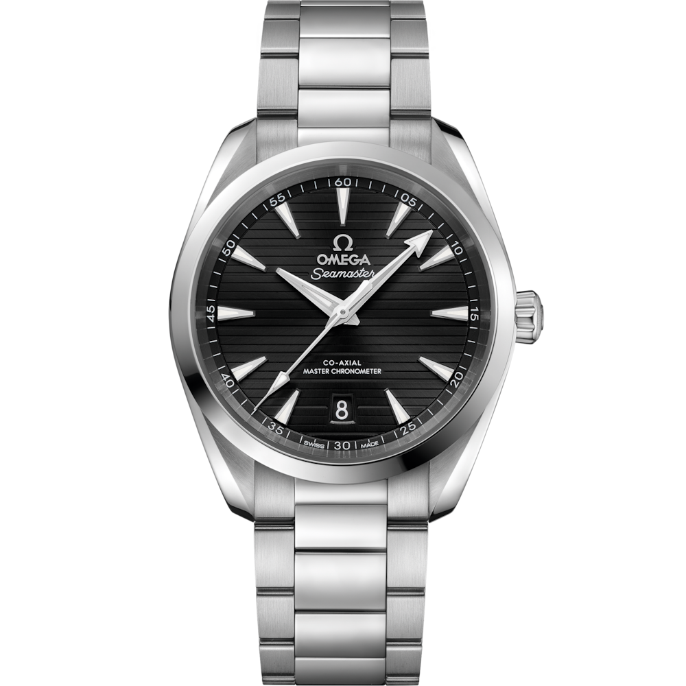 Quadrante blu con motivo teak orizzontale, indici rodiati e datario a finestrella a ore 6 dell’Omega Seamaster Aqua Terra 38 mm modello 220.10.38.20.01.001.