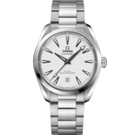 Load image into Gallery viewer, Quadrante argento spazzolato con indici applicati rodiati e lancette riempite di Super-LumiNova bianca dell’Omega Seamaster Aqua Terra 38 mm modello 220.10.38.20.02.001.
