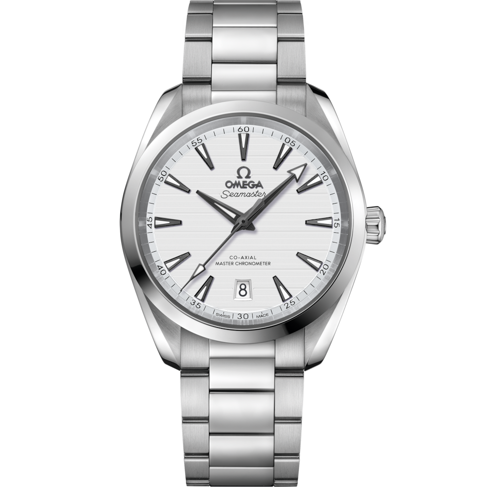 Quadrante argento spazzolato con indici applicati rodiati e lancette riempite di Super-LumiNova bianca dell’Omega Seamaster Aqua Terra 38 mm modello 220.10.38.20.02.001.