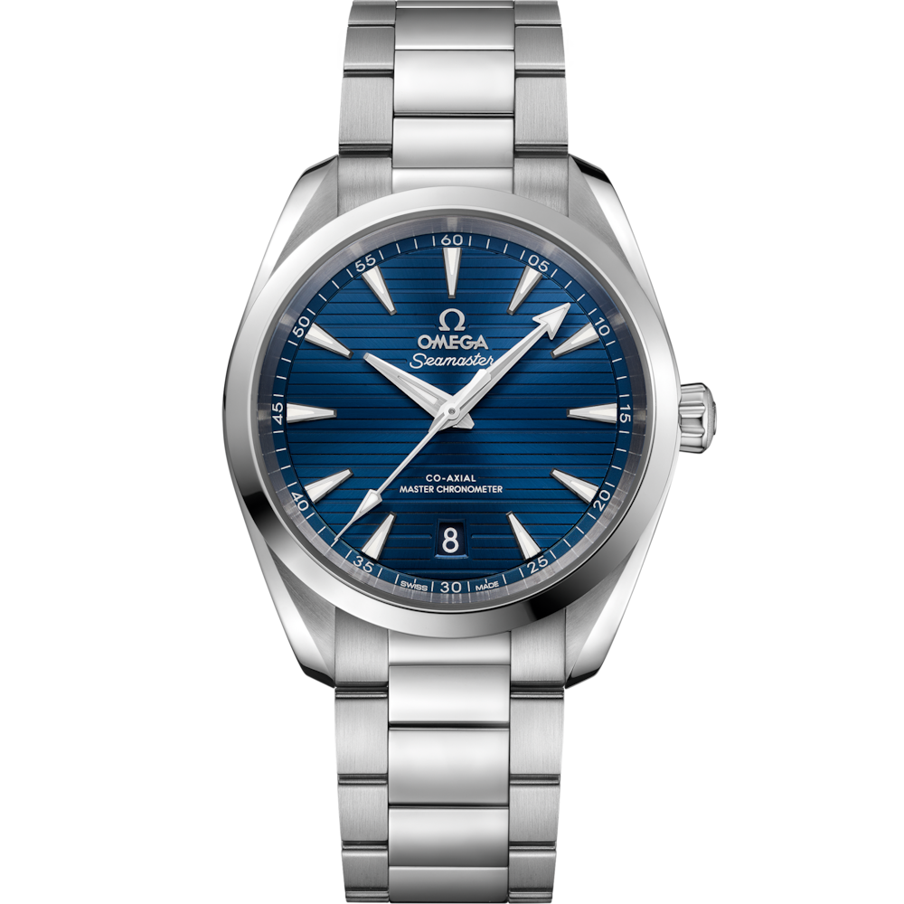 Quadrante blu spazzolato sunburst dell’Omega Seamaster Aqua Terra 38 mm con motivo teak orizzontale, indici e lancette rodiati con riempimento Super-LumiNova bianca, datario a ore 6