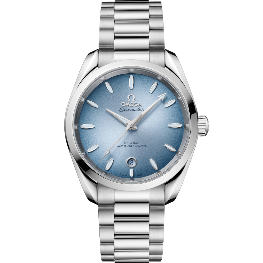 Quadrante blu laccato soleil con lancette e indici in PVD grigio riempiti di Super-LumiNova bianca dell’Omega Seamaster Aqua Terra 150m 38 mm modello 220.10.38.20.03.004.