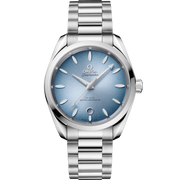 Quadrante blu laccato soleil con lancette e indici in PVD grigio riempiti di Super-LumiNova bianca dell’Omega Seamaster Aqua Terra 150m 38 mm modello 220.10.38.20.03.004.