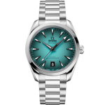 Load image into Gallery viewer, Quadrante turchese laccato con effetto sfumato nero verso il bordo, lancette e indici in PVD grigio con Super-LumiNova bianca dell’Omega Seamaster Aqua Terra 38 mm modello 220.10.38.20.03.005.
