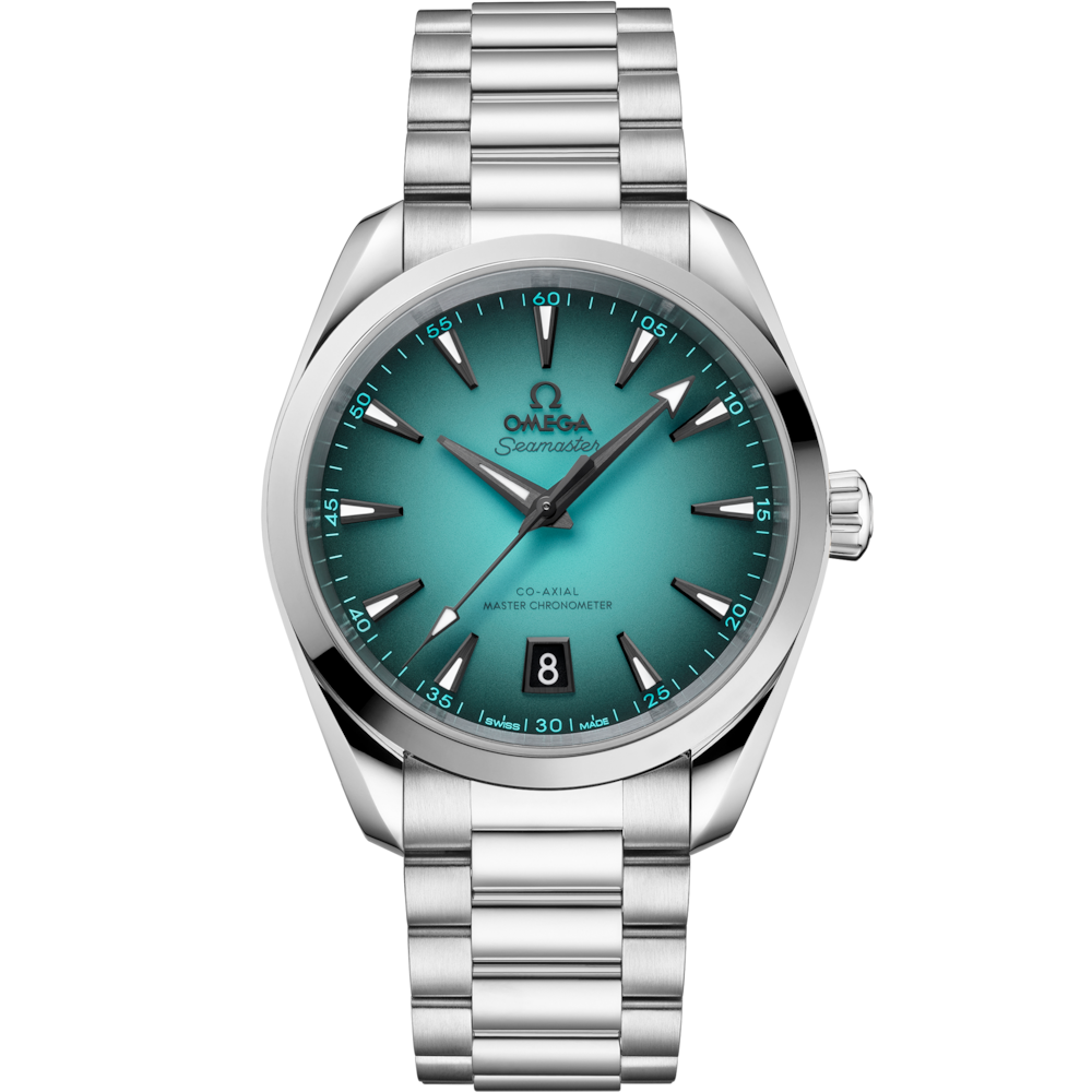 Quadrante turchese laccato con effetto sfumato nero verso il bordo, lancette e indici in PVD grigio con Super-LumiNova bianca dell’Omega Seamaster Aqua Terra 38 mm modello 220.10.38.20.03.005.