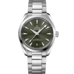 Load image into Gallery viewer, Quadrante blu spazzolato sunburst dell’Omega Seamaster Aqua Terra 38 mm con motivo teak orizzontale, indici e lancette rodiati con riempimento Super-LumiNova bianca, datario a ore 6
