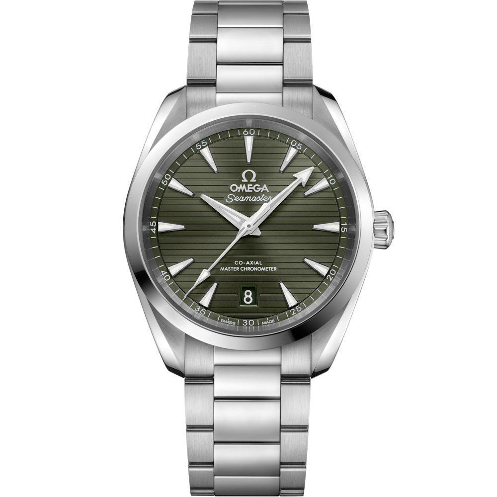 Quadrante blu spazzolato sunburst dell’Omega Seamaster Aqua Terra 38 mm con motivo teak orizzontale, indici e lancette rodiati con riempimento Super-LumiNova bianca, datario a ore 6