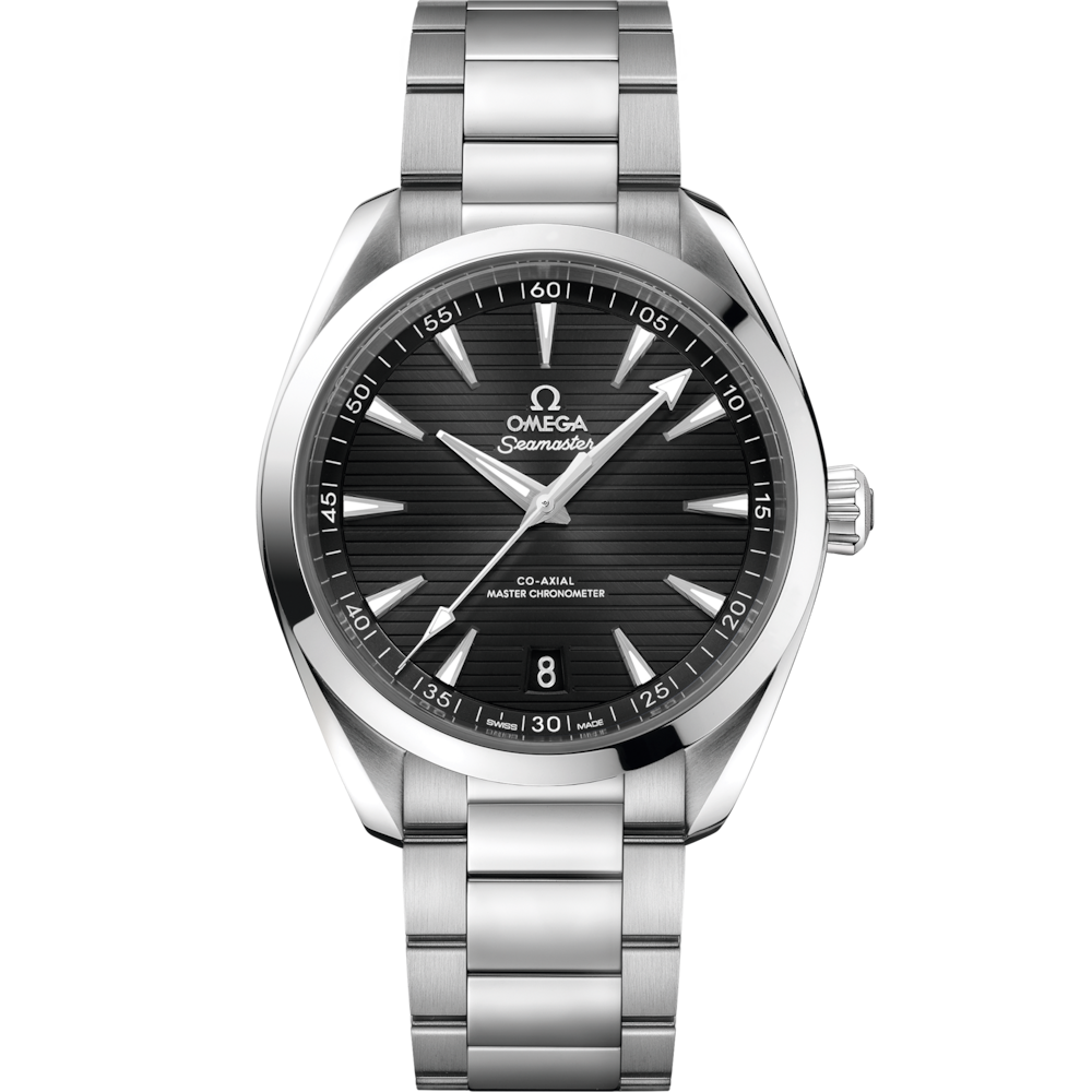 Quadrante verde spazzolato a raggi di sole con motivo teak orizzontale e indici rodiati con Super-LumiNova bianca dell’Omega Seamaster Aqua Terra 41 mm modello 220.10.41.21.01.001.