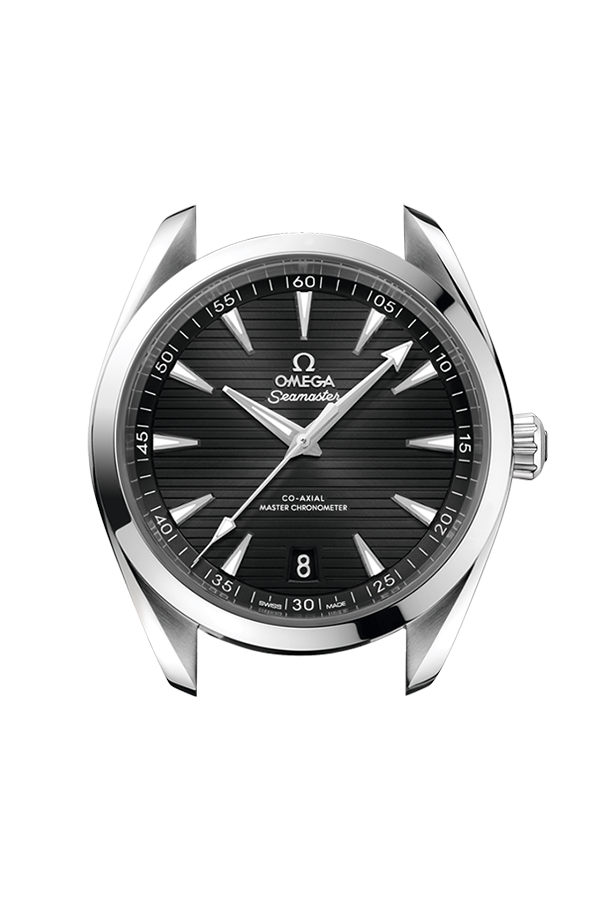 Profilo laterale della cassa in acciaio lucido e spazzolato da 41 mm con vetro zaffiro bombato antiriflesso, corona a vite conica e dettaglio decorativo a onde sul fondello trasparente.