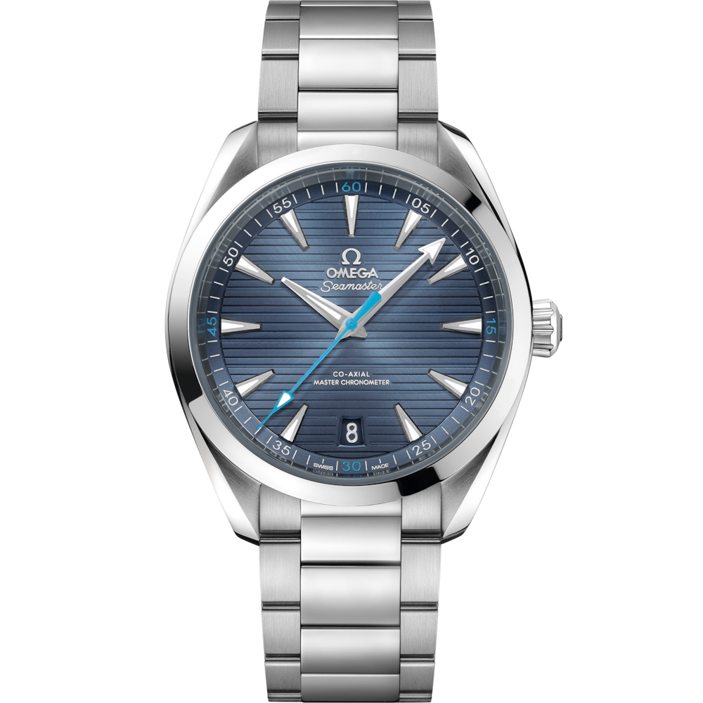Quadrante blu spazzolato con motivo teak orizzontale e indici rodiati con Super-LumiNova bianca dell’Omega Seamaster Aqua Terra 41 mm modello 220.10.41.21.03.002.